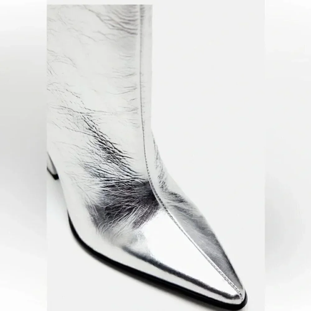 ZARA 100% LEATHER METALLIC HEELED KNEE HIGH BOOTS - Picture 7 of 13